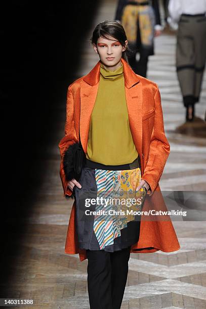 Model walks the runway at the Dries Van Noten Autumn Winter 2012 fashion show during Paris Fashion Week on February 29, 2012 in Paris, France.