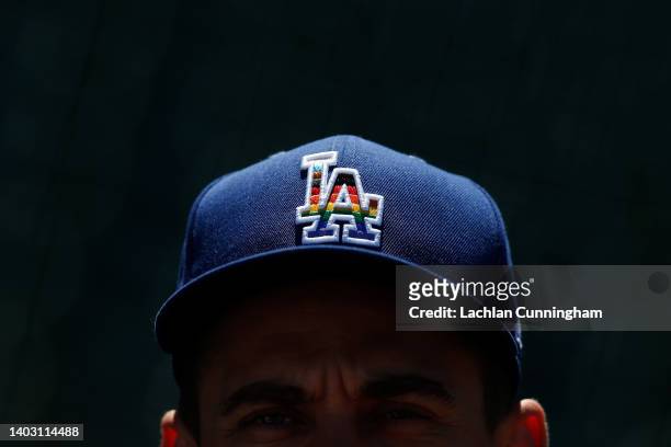 Detail shot of the Pride hat worn by Los Angeles Dodgers players against the San Francisco Giants at Oracle Park on June 11, 2022 in San Francisco,...