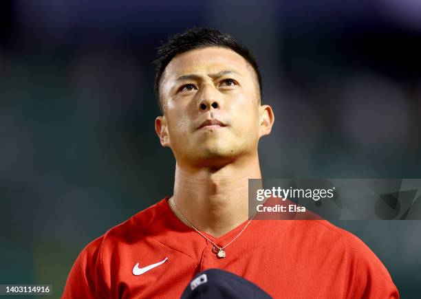 Rob Refsnyder of the Boston Red Sox heads back to the dugout during the game against the Oakland Athletics at Fenway Park on June 14, 2022 in Boston,...