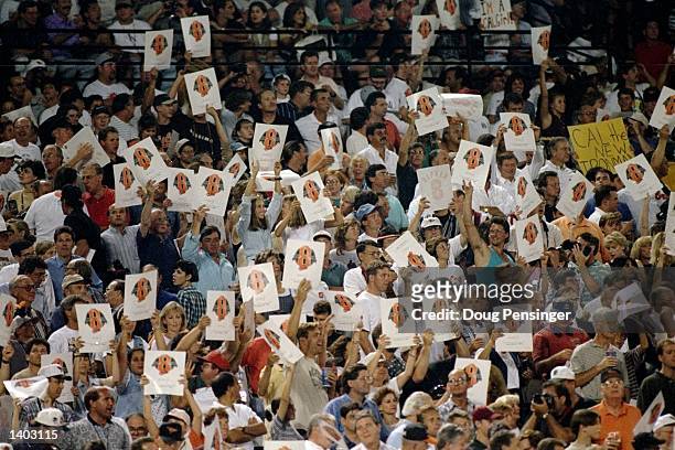 General view of fans at Camden Yards in Baltimore, Maryland attending game between the Baltimore Orioles and the California Angels during which...