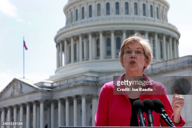 Sen. Elizabeth Warren speaks during a press conference outside the U.S. Capitol building on June 15, 2022 in Washington, DC. The Senator spoke about...
