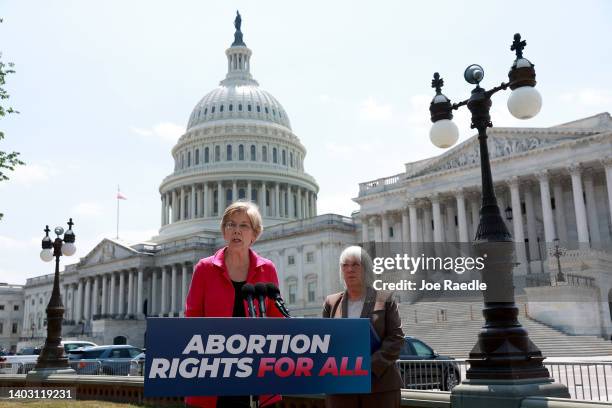 Sen. Elizabeth Warren and Sen. Patty Murray hold a press conference outside the U.S. Capitol building on June 15, 2022 in Washington, DC. The...