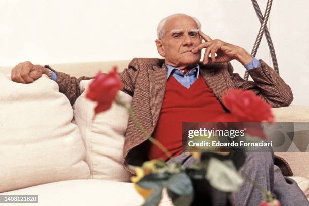 The Italian writer Alberto Moravia at work in his house in Rome. March 01, 1982