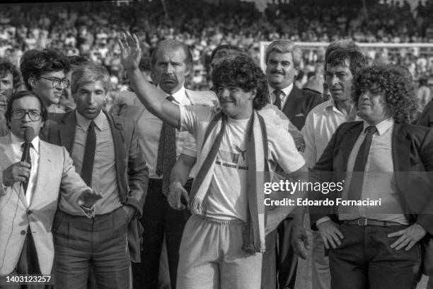 Argentine football player and famous champion Diego Armando Maradona, this was his first time in San Paolo Stadium in Naples. July 5, 1984.