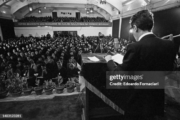 The General Secratary of the Italian Communist Party, Enrico Berlinguer, visited China. Berlinguer speaks to students in the auditorium of the...