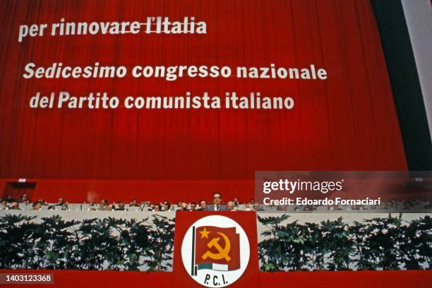 Enrico Berlinguer, Italian politician, Secretary General of Italian Communist Party during a speech in Congress of PCI. March 02, 1983.