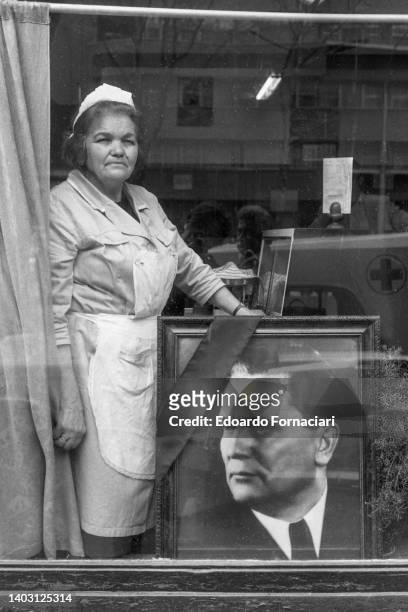 Josip Broz Tito on a portrait, displayed in a shop window in Belgrad. May 05, 1980.