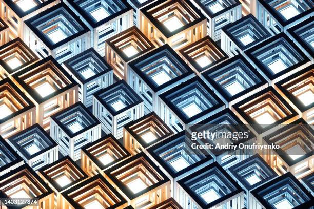 glowing cubic pattern - blockchain energy stock pictures, royalty-free photos & images