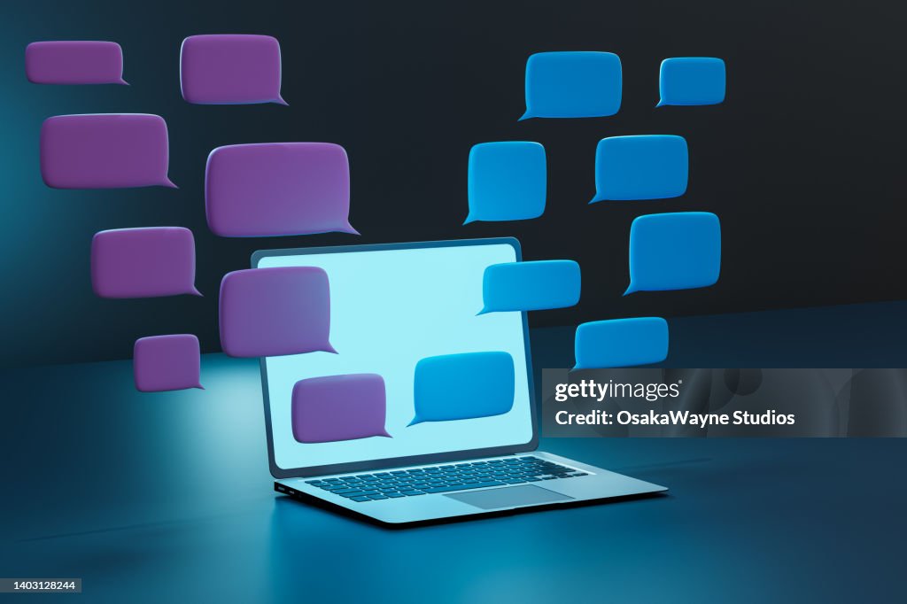 Blue and purple rectangular speech bubbles above opened laptop