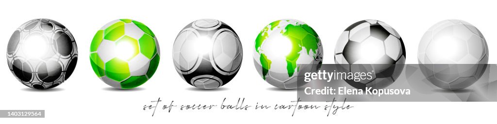 The concept of sport, victory and world football. Set of soccer balls in cartoon style on an isolated white background.