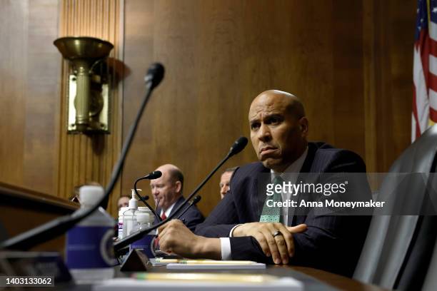Sen. Cory Booker listens during a hearing on "Protecting America’s Children From Gun Violence" with the Senate Judiciary Committee at the U.S....