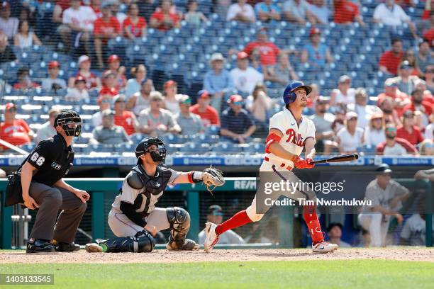 Garrett Stubbs of the Philadelphia Phillies hits a walk-off three run home run to defeat the Miami Marlins at Citizens Bank Park on June 15, 2022 in...