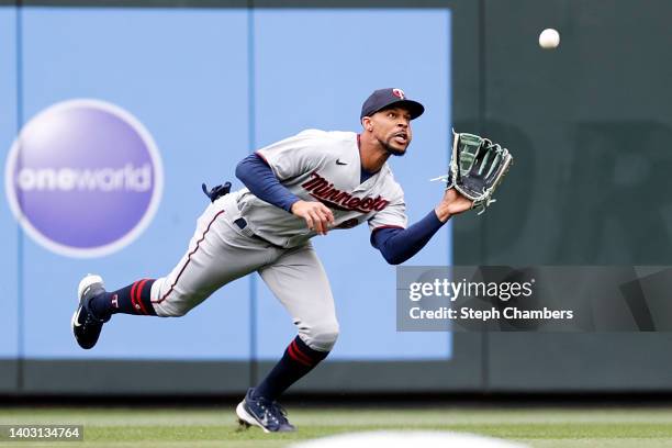 Byron Buxton of the Minnesota Twins catches the ball for an out against the Seattle Mariners during the first inning at T-Mobile Park on June 15,...