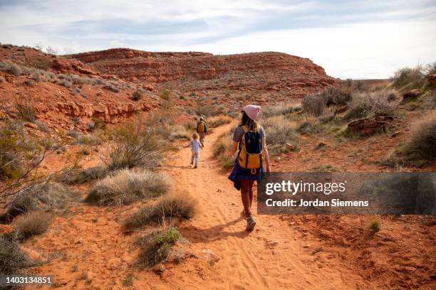 a family hiking along a sandy trail in the desert. - sandy utah stock-fotos und bilder