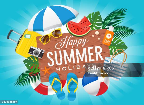 illustrazioni stock, clip art, cartoni animati e icone di tendenza di buone vacanze estive con accessori estivi da spiaggia. - beach bag