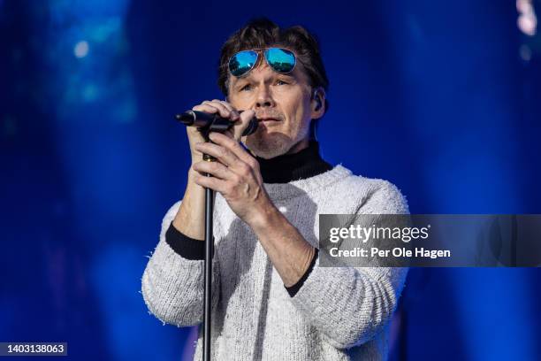 Morten Harket from A-ha performs on stage at the Bergenfest festi on June 15, 2022 in Bergen, Norway.
