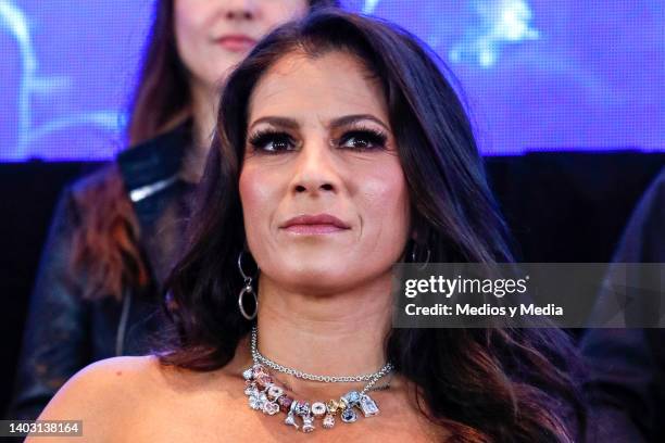 Alessandra Rosaldo listens during a press conference to announce the restart of 90s Pop Tour at Fiesta Americana Hotel, on June 15, 2022 in Mexico...