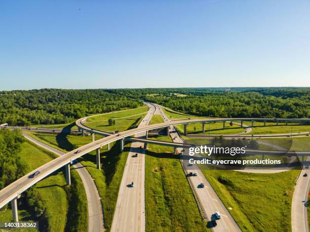 aerial flyover overpass traffic view in midwest usa highway transportation photo series - missouri stock pictures, royalty-free photos & images