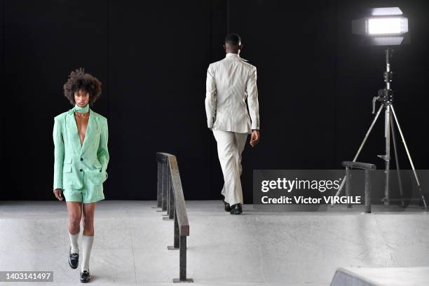 Model walks the runway during the Carlota Barrera Ready to Wear Spring /Summer 2023 Men fashion show as part of the London Fashion Week Men on June...