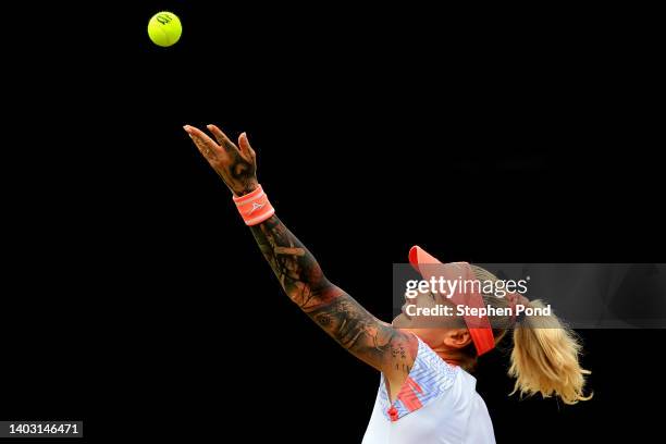 Tereza Martincova of Czech Republic serves against Camila Giorgi of Italy during the first round match on Day Five of the Rothesay Classic Birmingham...