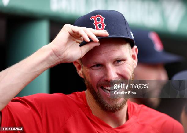 Chris Sale of the Boston Red Sox looks on from the dugout before the game aooat Fenway Park on June 15, 2022 in Boston, Massachusetts.