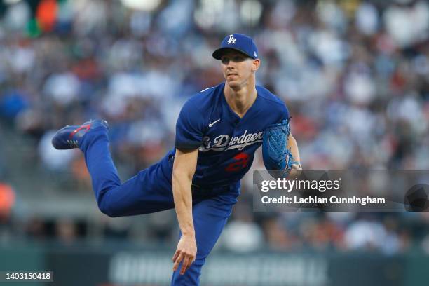 Walker Buehler of the Los Angeles Dodgers pitches against the San Francisco Giants at Oracle Park on June 10, 2022 in San Francisco, California.