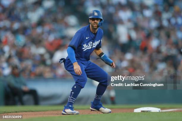 Base runner Chris Taylor of the Los Angeles Dodgers looks on from third base against the San Francisco Giants at Oracle Park on June 10, 2022 in San...