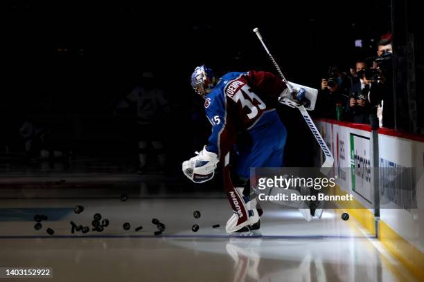 Darcy Kuemper of the Colorado Avalanche takes the ice before Game One of the 2022 Stanley Cup Final against the Tampa Bay Lightning at Ball Arena on...