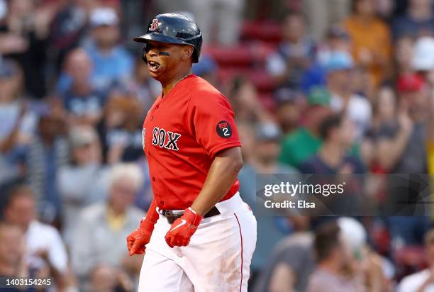 Rafael Devers of the Boston Red Sox celebrates his two run home run in the second inning against the Oakland Athletics at Fenway Park on June 15,...