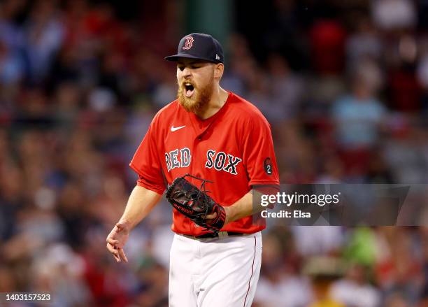 Josh Winckowski of the Boston Red Sox reacts after the fourth inning against the Oakland Athletics at Fenway Park on June 15, 2022 in Boston,...