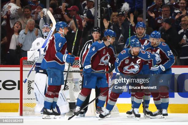 Gabriel Landeskog of the Colorado Avalanche celebrates with teammates after scoring a goal against the Tampa Bay Lightning during the first period in...