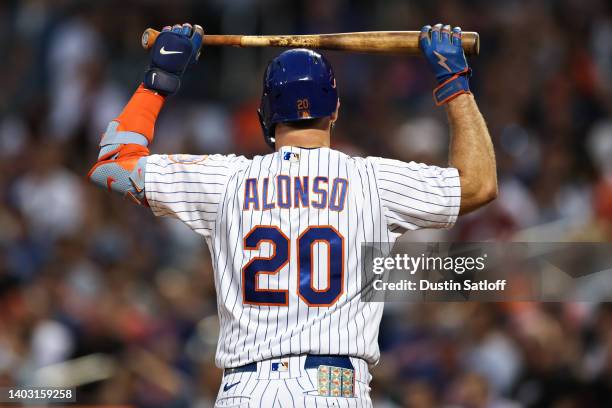 Pete Alonso of the New York Mets reacts after popping out during the fourth inning of the game against the Milwaukee Brewers at Citi Field on June...