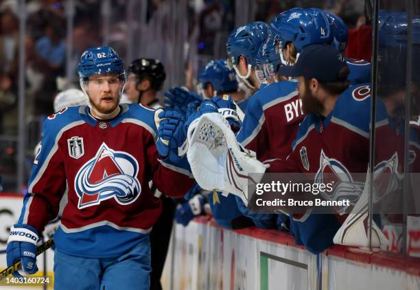 Artturi Lehkonen of the Colorado Avalanche celebrates with teammates after scoring a goal against the Tampa Bay Lightning during the first period in...