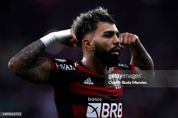 Gabriel Barbosa of Flamengo celebrates after scoring the second goal of his team during a match between Flamengo and Cuiaba as part of Brasileirao...