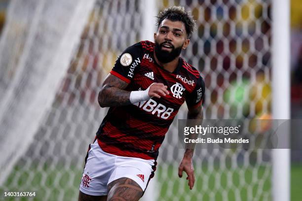 Gabriel Barbosa of Flamengo celebrates after scoring the second goal of his team during a match between Flamengo and Cuiaba as part of Brasileirao...
