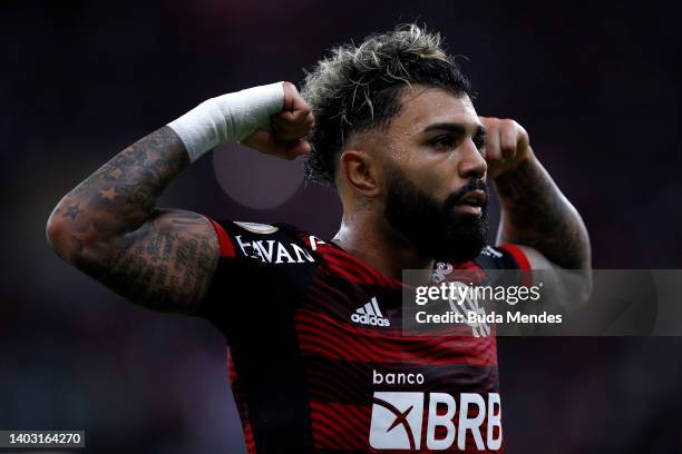 Gabriel Barbosa of Flamengo celebrates after scoring the second goal of his team during a match between Flamengo and Cuiaba as part of Brasileirao...