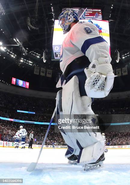 Andrei Vasilevskiy of the Tampa Bay Lightning looks on after having a goal scored against him during the first period against the Colorado Avalanche...