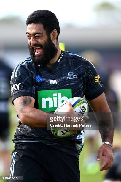 Akira Ioane runs through drills during a Blues Super Rugby Pacific training session at Blues HQ on June 16, 2022 in Auckland, New Zealand.
