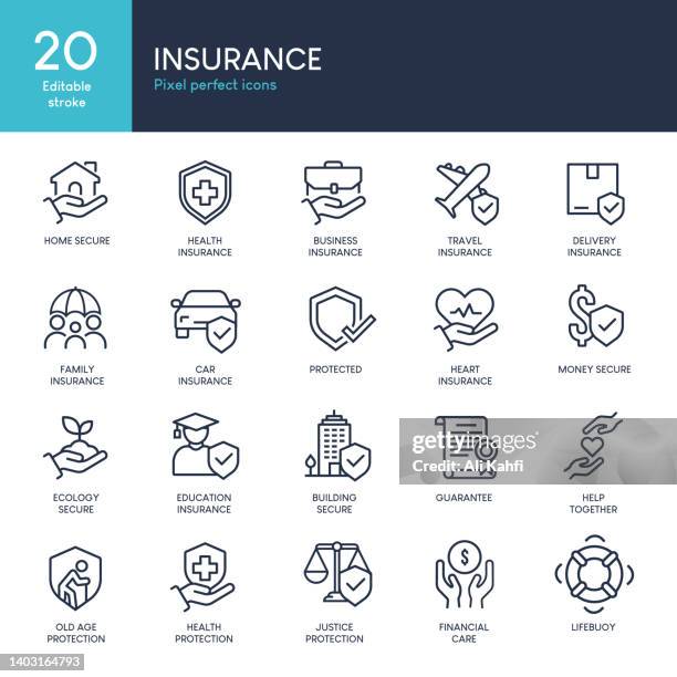 bildbanksillustrationer, clip art samt tecknat material och ikoner med insurance - set of thin line icon vector - trygghet