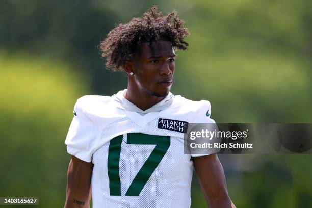 Wide receiver Garrett Wilson of the New York Jets during New York Jets mandatory minicamp at Atlantic Health Jets Training Center on June 15, 2022 in...