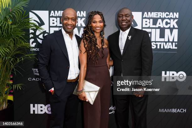 Jeff Friday, Nicole Friday and Ben Crump attend the 2022 American Black Film Festival - "Civil" Opening Night Premiere at New World Center on June...