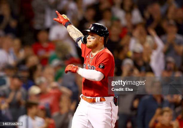 Alex Verdugo of the Boston Red Sox celebrates his two run home run in the sixth inning against the Oakland Athletics at Fenway Park on June 15, 2022...