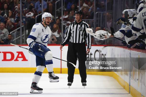 Mikhail Sergachev of the Tampa Bay Lightning celebrates after scoring a goal against Darcy Kuemper of the Colorado Avalanche during the second period...