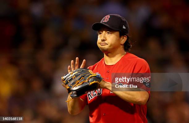 Hirokazu Sawamura of the Boston Red Sox celebrates after the seventh inning against the Oakland Athletics at Fenway Park on June 15, 2022 in Boston,...