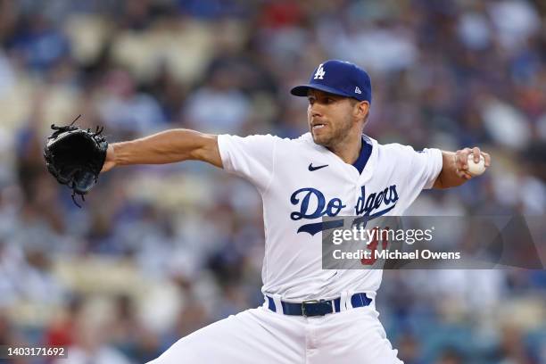 Tyler Anderson of the Los Angeles Dodgers pitches against the Los Angeles Angels during the first inning at Dodger Stadium on June 15, 2022 in Los...