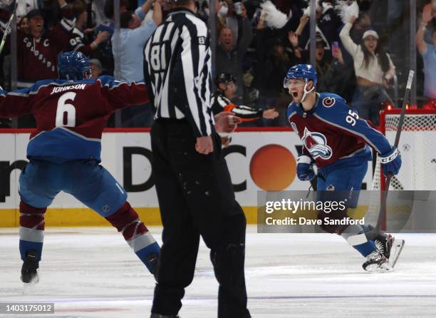 Andre Burakovsky of the Colorado Avalanche reacts after scoring the game-winning goal in overtime of Game One of the 2022 Stanley Cup Final against...