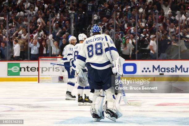 Andrei Vasilevskiy of the Tampa Bay Lightning skates off the ice after having a goal score against him by Andre Burakovsky of the Colorado Avalanche...