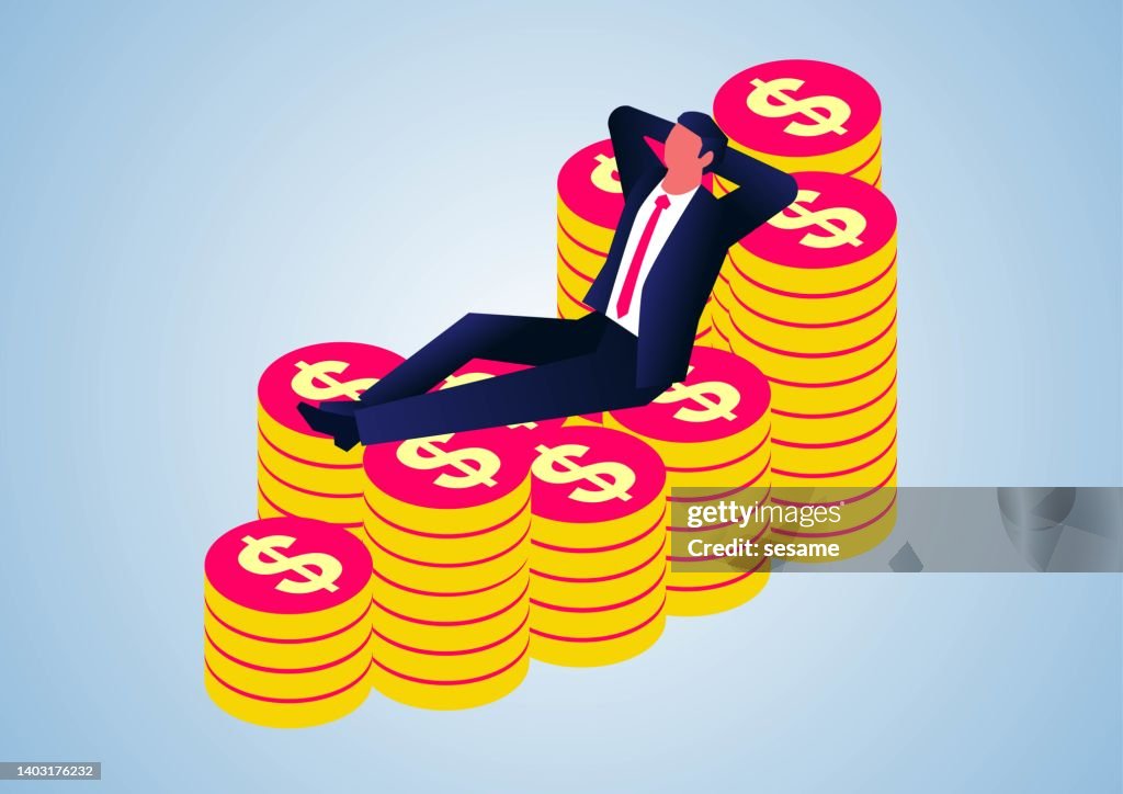 Isometric businessman leisurely lying on stack of gold coins, wealthy businessman, successful businessman