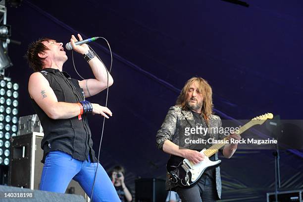 Paul Mackie and Niall Mathewson of Pallas performing live on stage at High Voltage Festival on July 24, 2011 in London.