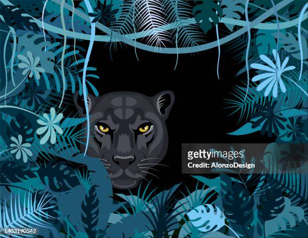 ilustraciones, imágenes clip art, dibujos animados e iconos de stock de leopardo negro en la selva. diseño de logotipo creativo de mascotas. - piel leopardo
